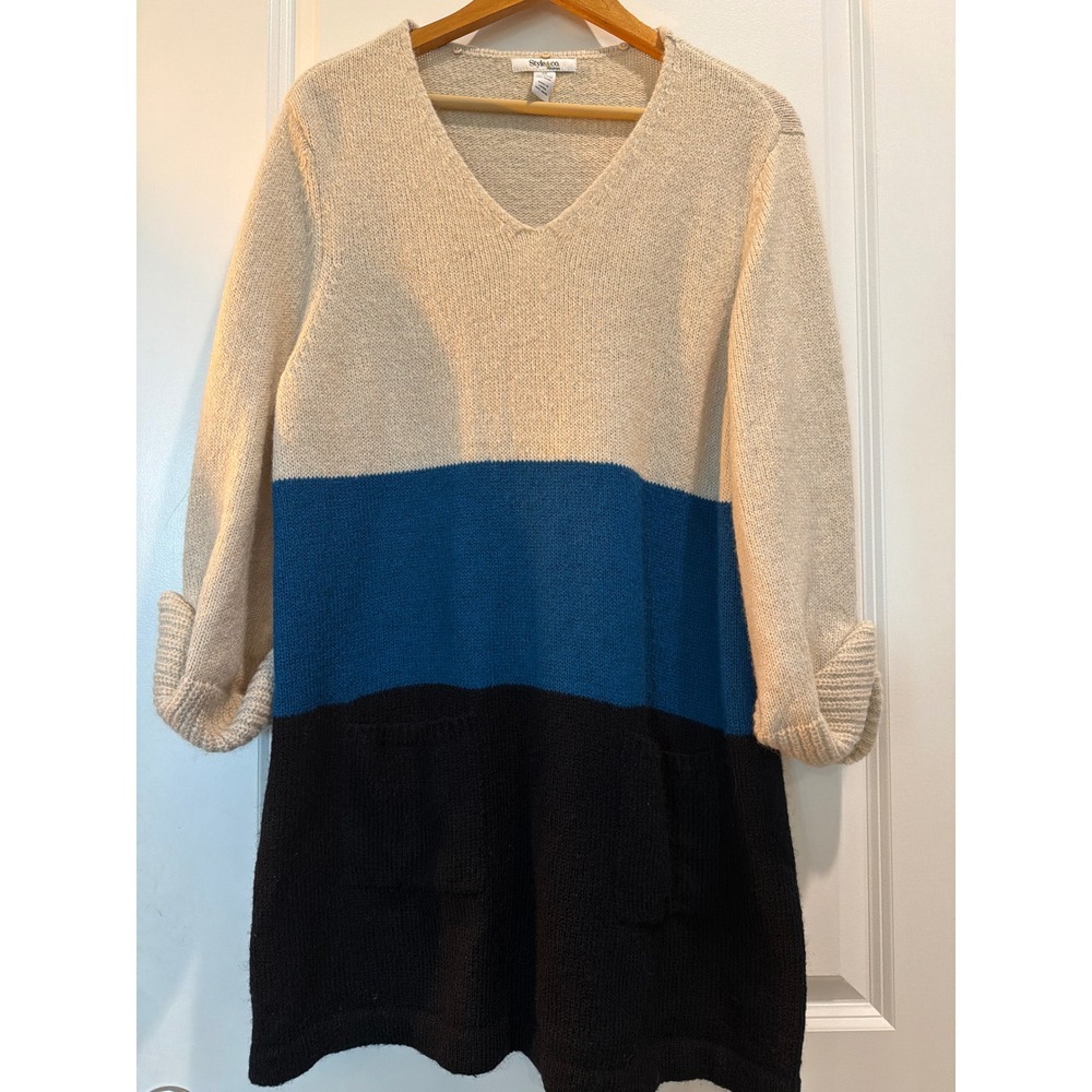 Style & Co Woman Colorblock Knit Sweater Dress V-Neck Wool Blend 2X Blue Black